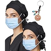 2 Pack Classic Scrub Caps for Women Ponytail, Satin Lined Surgical Caps for Women with Bottons & Sweatband