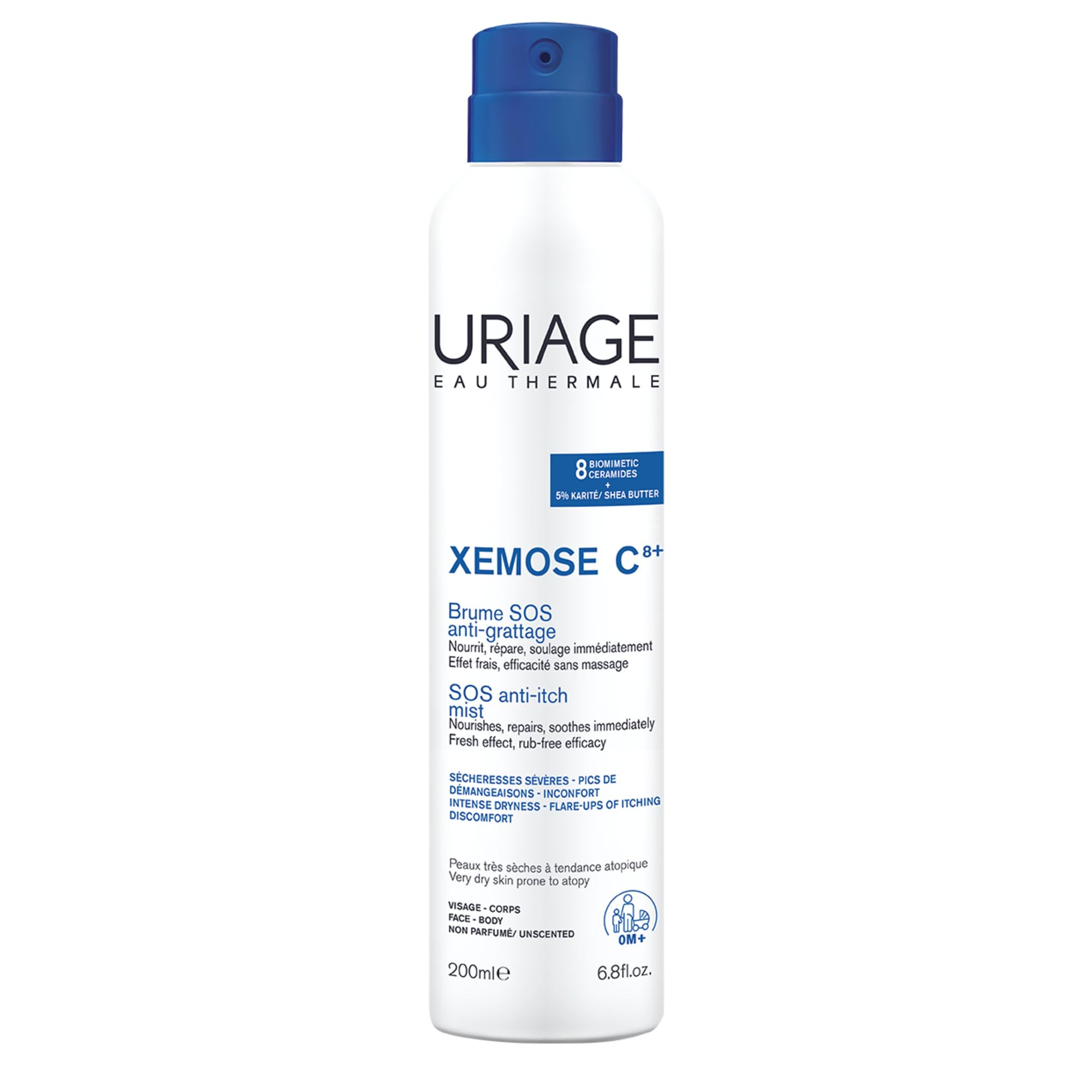 Uriage Xemose C8+ SOS Anti-Itch Mist - Instant Relied Spray, Soothes & Protects Very Dry Skin Prone to Atopy in Less than 60s - With Ceramides & Shea Butter - No-Rub, Fast-absorbing - 200ml