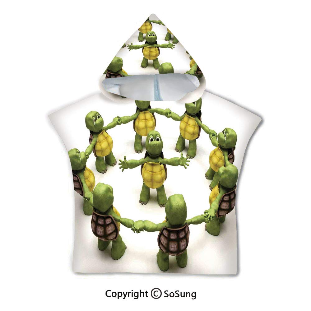 Reptile Toddler Hooded Beach Bath Towel,Ninja Turtles Dancing Tortoise Team Relax Fun Happiness Childhood Kids Print Decorative,1-7 Years Old Microfiber Bath Robe,Green White Brown,for Beach Pool Show