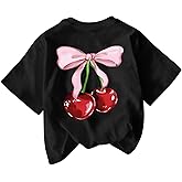 Weripoah Cute Shirts for Girls Cherry Bow Shirt Kids Graphic Tees Preppy Summer T-Shirt Aesthetic Clothes Trendy Tops