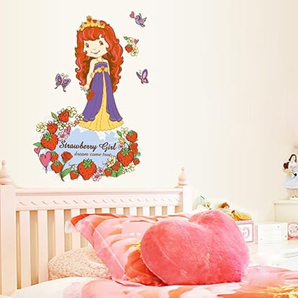 Amazon Ufengke アニメーション可愛いいちご 女の子 お姫様 蝶の壁紙 子供の部屋と保育園の取り外し可能な壁紙 ウォールステッカー オンライン通販