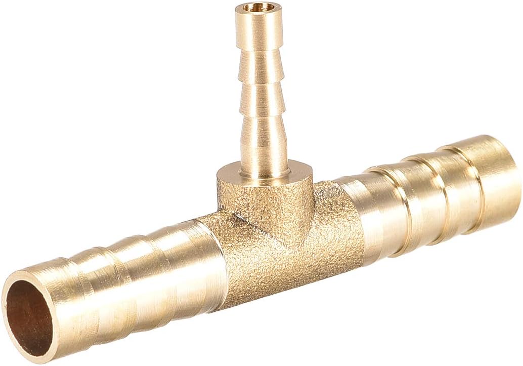 sourcing map Tee Brass Barb Fitting Reducer 3 Way, Fit Hose ID 8mm x 4mm x 8mm, Gold