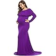 JustVH Maternity Fitted Elegant Gown Long Sleeve Off Shoulder Ruffles Maxi Photography Dress for Photoshoot