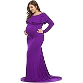 JustVH Maternity Fitted Elegant Gown Long Sleeve Off Shoulder Ruffles Maxi Photography Dress for Photoshoot