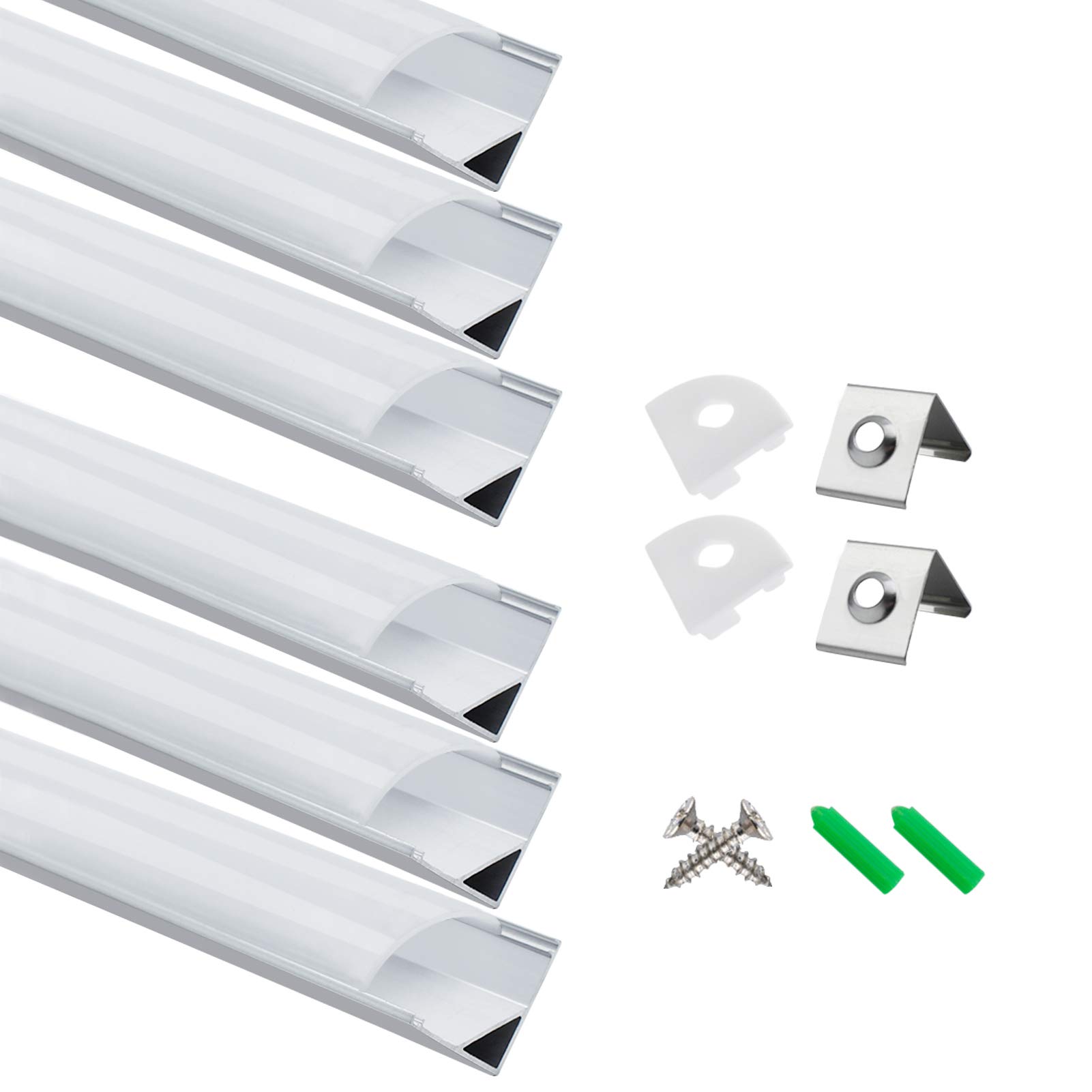 LightingWill 6-Pack LED Aluminum Profile, 3.3ft/1Meter LED Aluminum Channel Silver V-Shape LED Diffuser with Milky White Cover, End Caps and Mounting Clips for LED Strip Lights