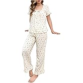 Verdusa Women's 2 Piece Cute Pajama Sets Floral Ruffle Sleeve Bow Square Neck Short Sleeve Top and Pants Pajama Set