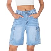 TOSATISFINE Jean Shorts for Women Trendy Stretchy High Waisted Denim Cargo Bermuda Shorts