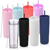 Volhoply 20oz Tumbler with Lid and Straw 8 Pack,Double Wall Plastic Skinny Tumblers Bulk,Reusable Travel Coffee Mug,BPA Free Matte Acrylic Water Cups With Straw for Party,DIY Gifts(Assorted, 8 Set)