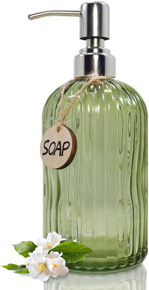 JASAI 18 Oz Soap & Lotion Glass Dispenser Rust Proof Stainless Steel Pump, Refillable Lotion Dispenser for Bathroom Kitchen Home, Premium Bathroom Soap Dispenser As Bathroom Accessories (Clear Green)