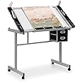 Athena Collection 41" Drafting Table Adjustable Angle Drawing Table Tempered Glass Art Desk Metal Frame Craft Desk Artist Desk with Fabric Drawers, Rolling Casters and Trays, Light Grey