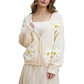 Migratory Bird Guide Y2k Sweater Cardigan for Women, Long Sleeve V-Neck Button Crochet Flower Knit Womens Clothes.