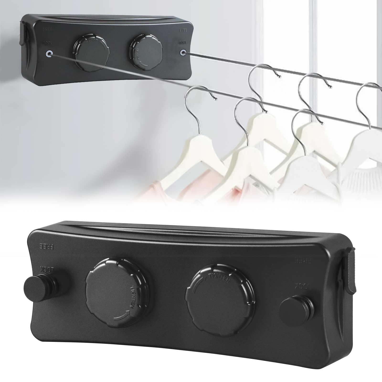 16.7Ft Retractable Washing Line,Wall Mounted Clothes Line,Non-Sagging Clothesline Indoor & Outdoor,Extendable Clothes Drying Line Stainless Steel Line (Black)