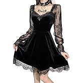 LVCBL Women Gothic Vintage Dress Lace Long Sleeve Dresses Halloween Goth Lolita Dress for Women