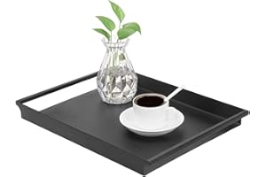 MyGift Decorative Serving Tray Vintage Style Matte Black Metal Ottoman Coffee Table/Vanity Tray with Sleek Rounded Cutout Han