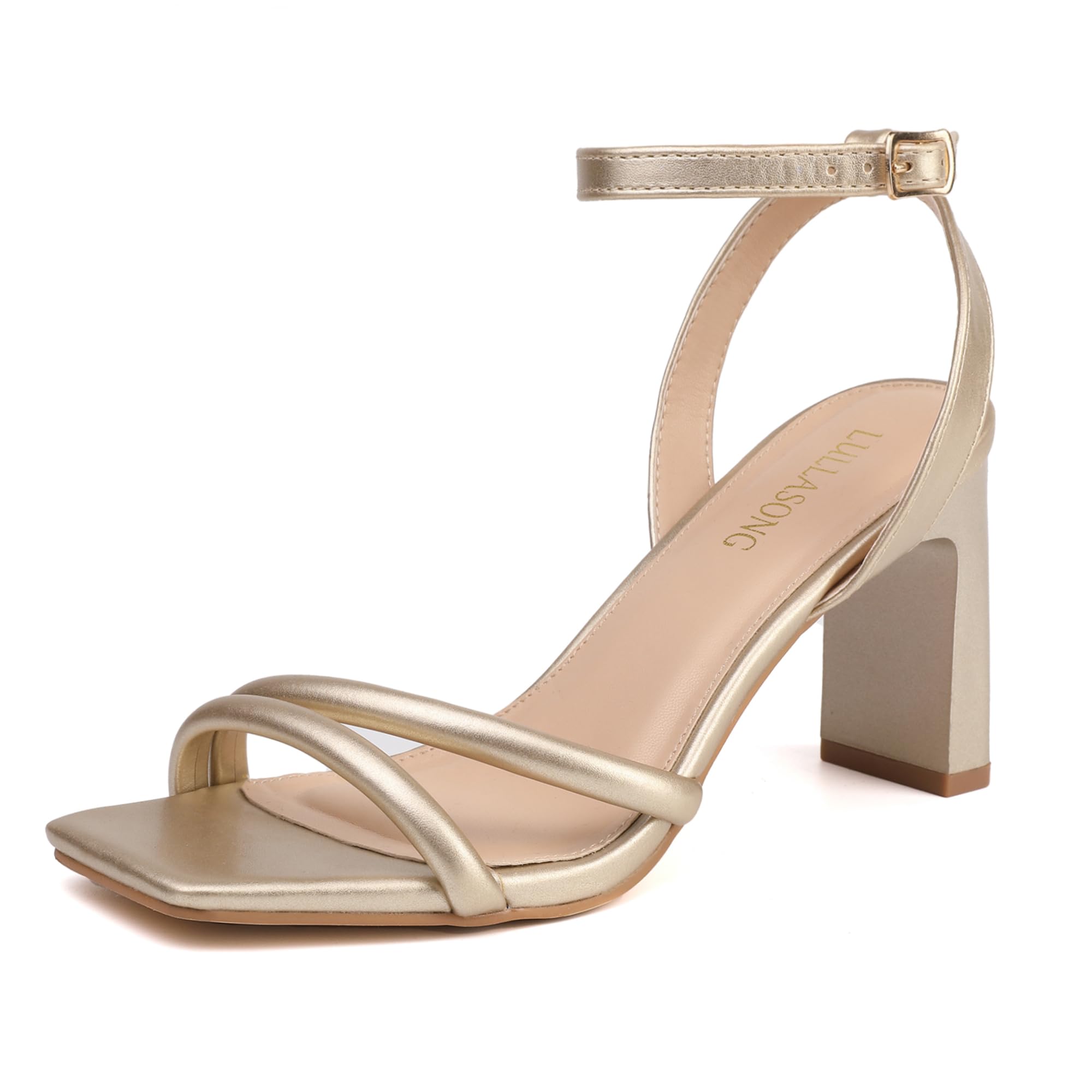 Photo 1 of LULLASONG Gold Heels Womens Strappy Heeled Sandals Square Open Toe Chunky High Heels Strappy Ankle Buckle Pump Sandals Sexy Dress Party Shoes