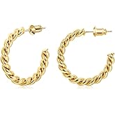 Gacimy Twisted Gold Hoop Earrings for Women, 14K Real Gold Plated, 925 Sterling Silver Post, 25mm Medium Braided Hoop Earrings