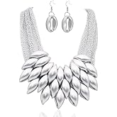 CETVLY African Bib Tassel Choker Necklace for Women,Chunky Tribal Thick Ethnic Collar Necklace and Earrings Set,Bulky Statement Fashion Costume Jewelry Set(2pcs)