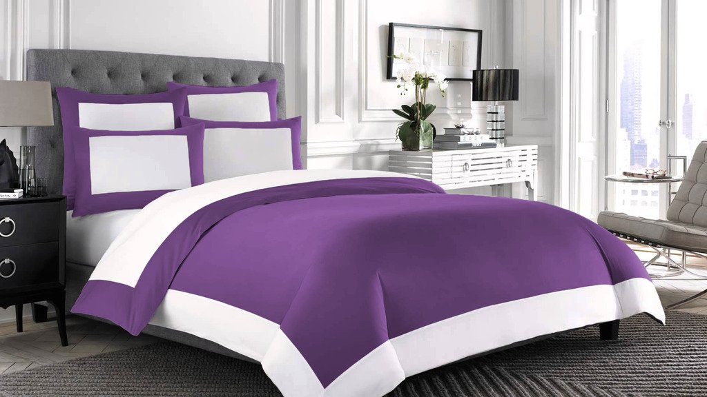 Bedding Attire 600 TC 100% Pure Egyptian Cotton 3 Piece Designer Reversible Duvet Cover set Queen Size Solid Purple and White Color