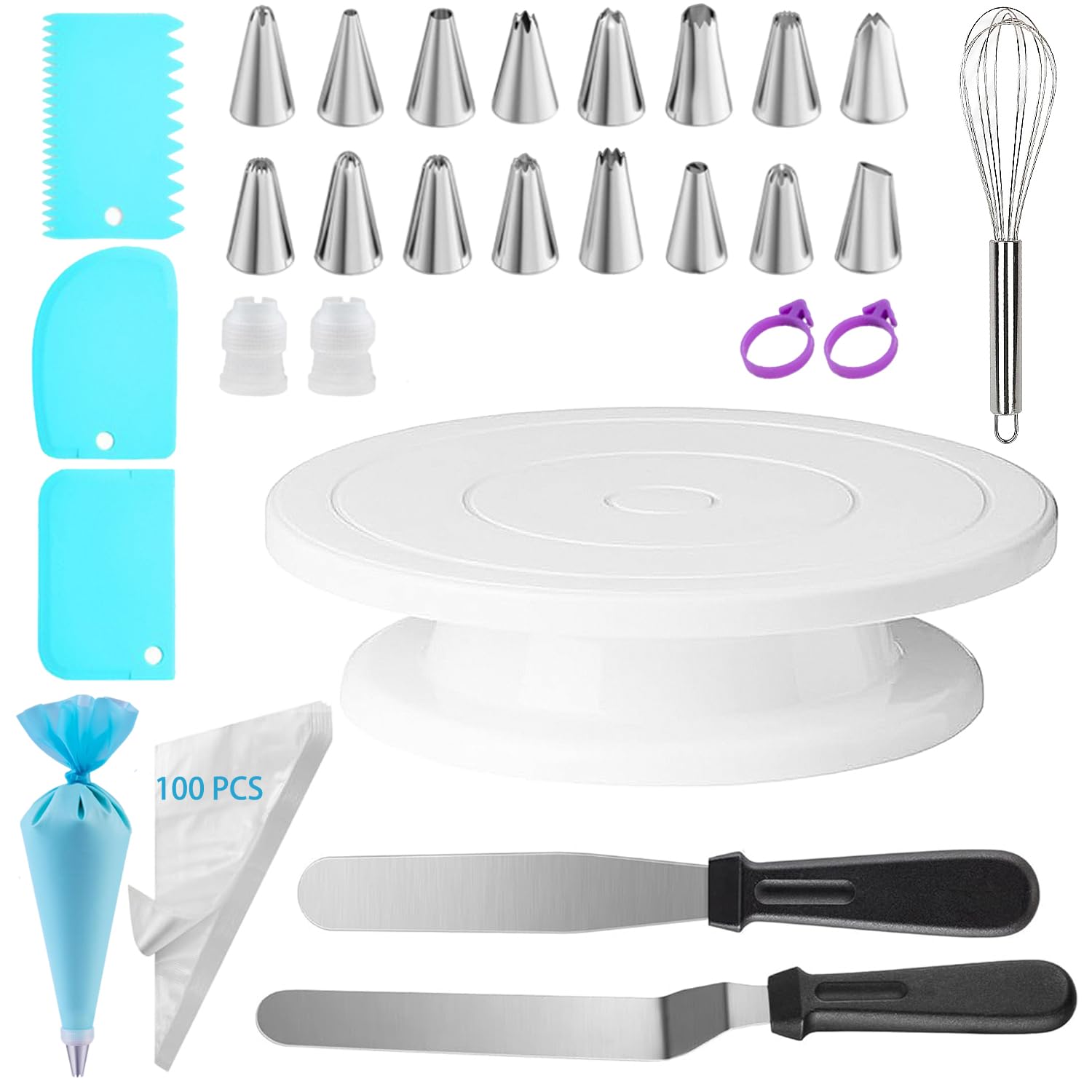 Photo 1 of 124 PCS Cake Decorating Kit with Cake Stand Turntable, Piping Bags and Tips Set, 100+1 Piping Bags, 12 Icing Piping Tips, 3 Scrapers, 2 Spatulas, Manual Egg Whisk, Baking Supplies for Cake Lovers