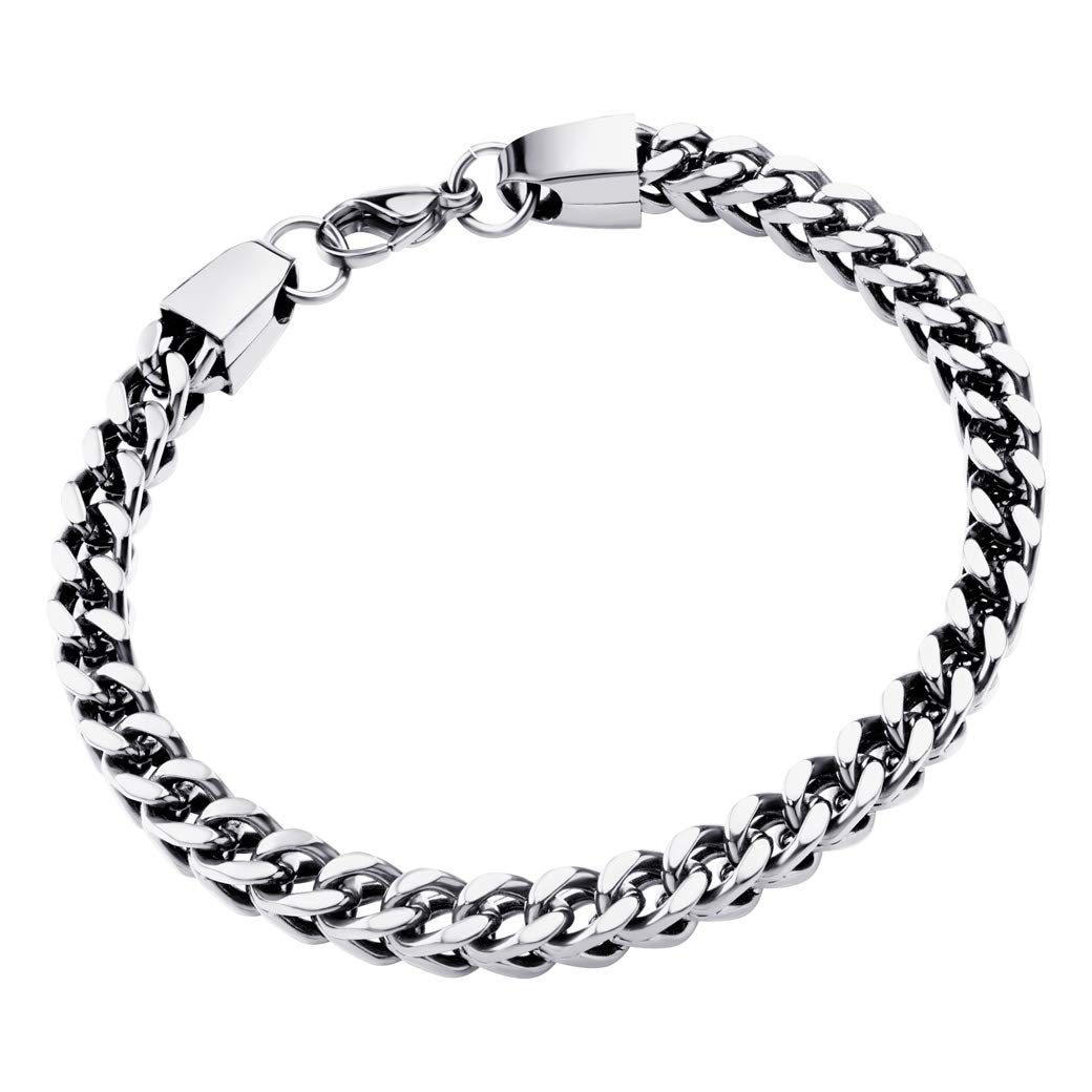 555Jewelry 6mm Stainless Steel Square Franco Link Chain Bracelet for Men, Stainless Steel Bracelet for Men, Square Chain steel Bracelet for Men, Silver, 8.25 inch