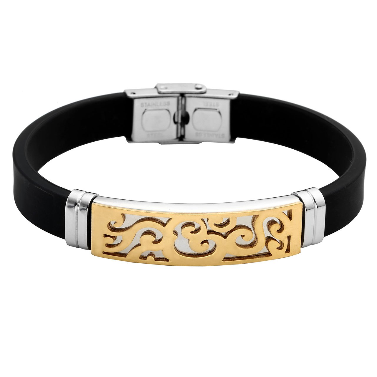 PiercingJ - Bijoux Bracelet en Caoutchouc Motif Lien Poignet Chaine de Main Biker Motard Acier Inoxydable Classique Couple Amoureux Cadeau Valentin avec Boite Cadeau