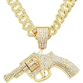 Fachoice Gun Pendant for Men Hip Hop Cuban Necklace, Sparkly Pistol Cuban Link Chain Iced Out Jewelry, Gold Revolver Cool Men's Necklace
