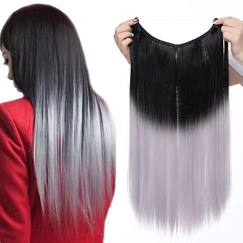 Extension Con Filo Invisibile Capelli Lunghi Lisci Nero Mix Grigio Chiaro 50cm 20 Wire Trasparente Estensioni Fascia Unica No Clip Capelli