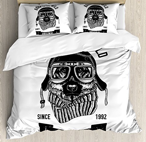 Modern Duvet Cover Set by Ambesonne, Born to be Wild Quote with A Cool Dog Motorcycle Helmet Puppy Rider Animal Graphic, 3 Piece Bedding Set with Pillow Shams, King Size, Black White