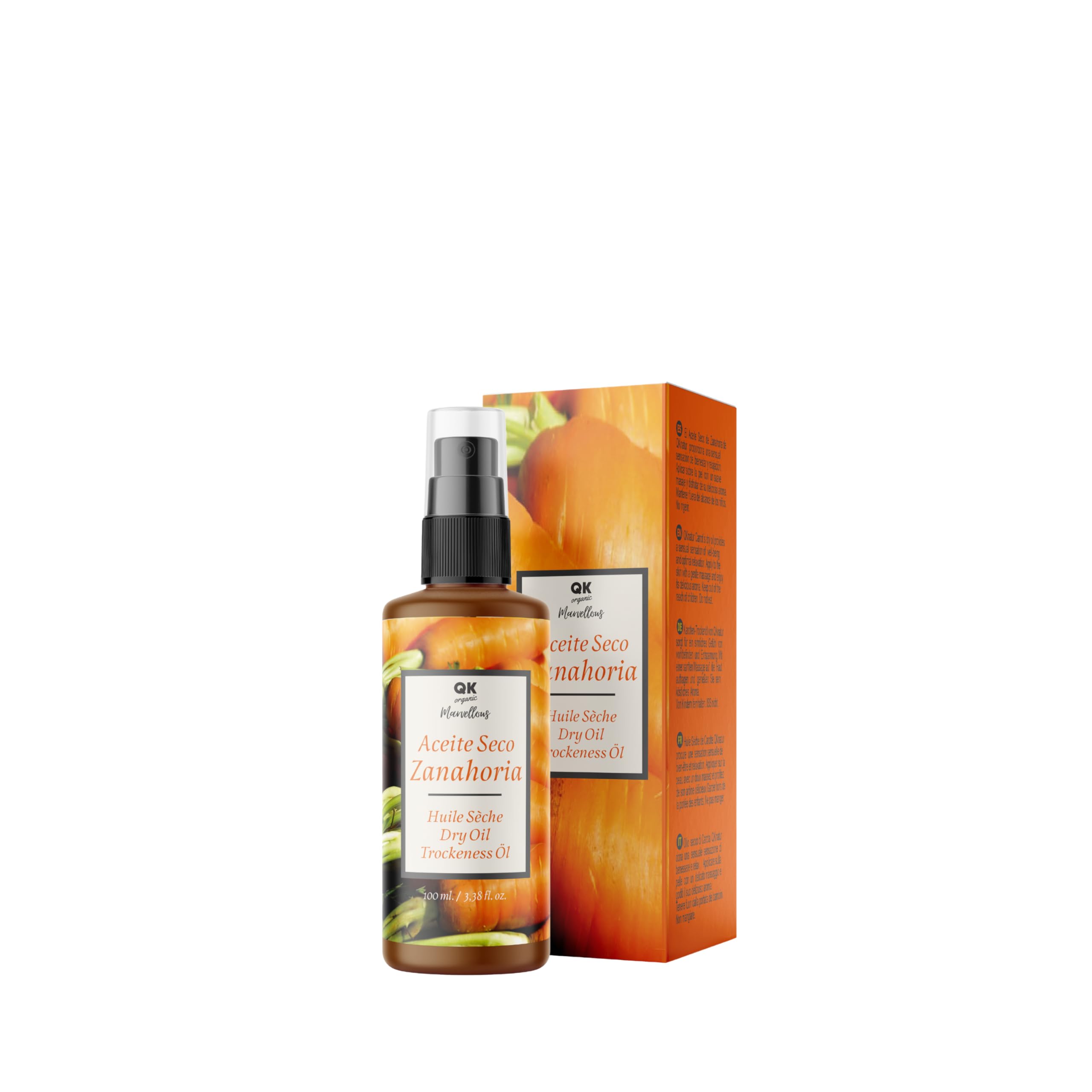 QKnatur - Carrot Dry Oil -100 ml. Fast Absorption. Natural solar tanner, Moisturizes, Rejuvenates and gives luminosity to the skin - Repairs hair