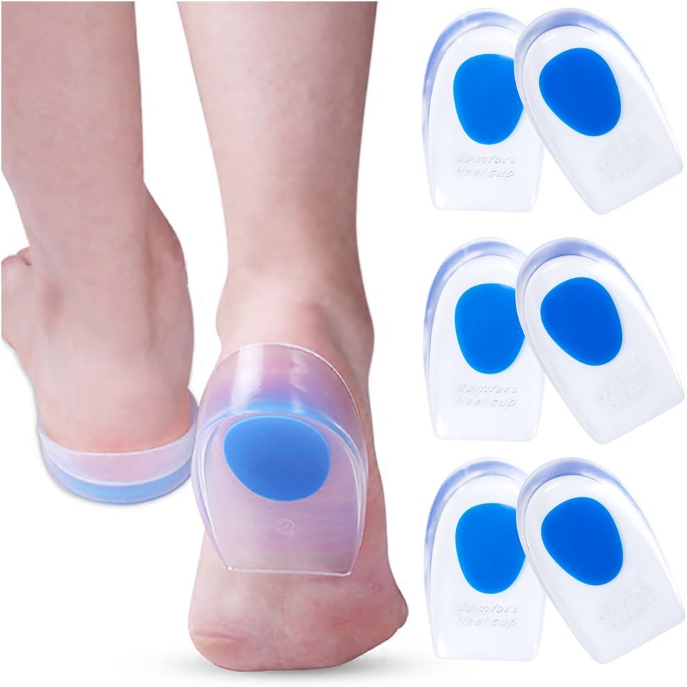 3 Pair Gel Heel Cups Plantar Fasciitis Inserts - Silicone Gel Heel Pads for Heel Pain, Bone Spur & Achilles Pain, Gel Heel Cushions and Cups, Pad & Shock Absorbing Support: Health & Personal Care