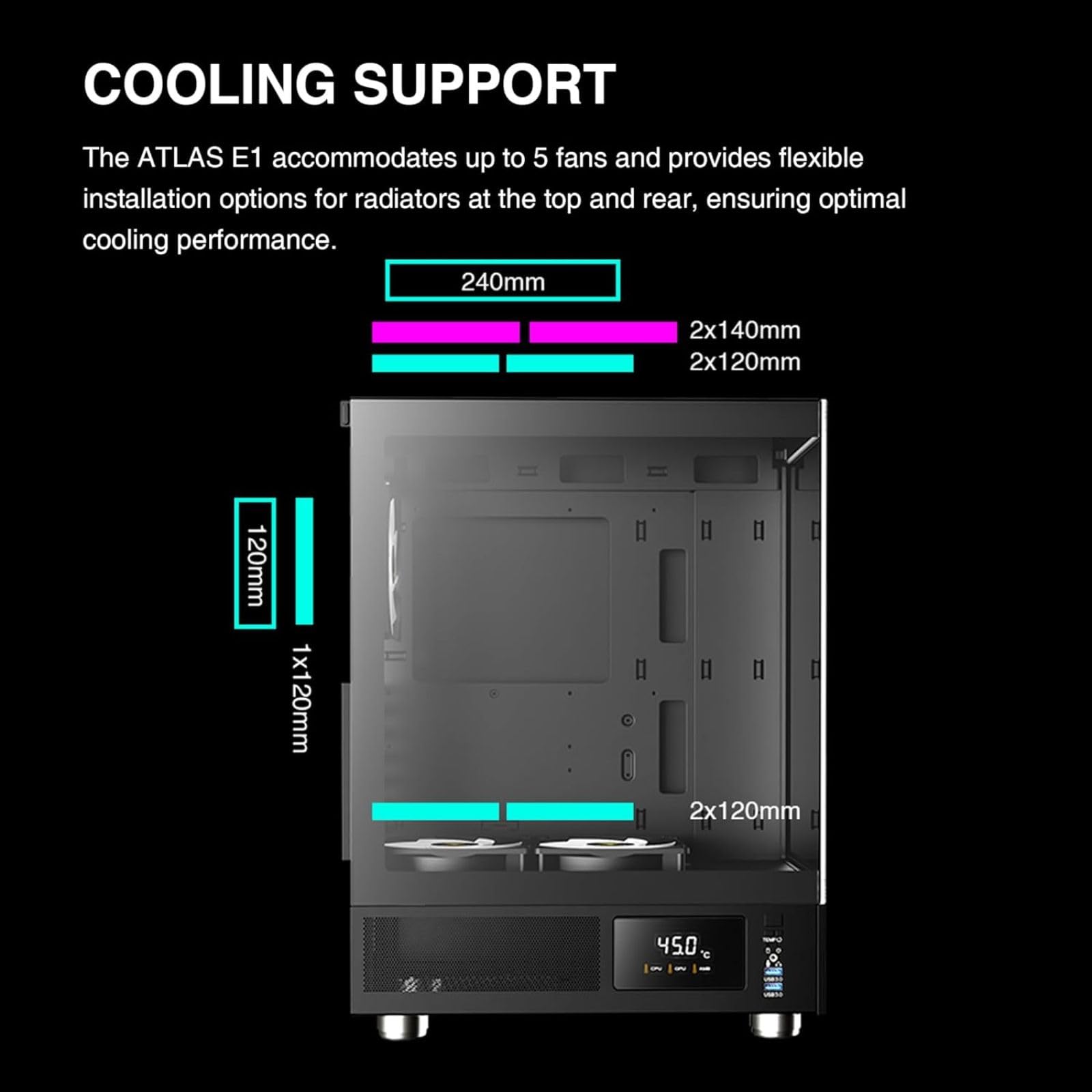 GAMDIAS ATX Mid Tower Computer Case with Tempered Glass, Gaming PC Case w/Temperature Display LCD & 3X 120mm ARGB Fans, Support Up to 5X Fans, 240mm AIO/Radiator, 340mm GPU/VGA, 160mm CPU Air Cooler