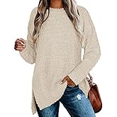 Qearal Women's Long Sleeve Fuzzy Knitted Sweater Popcorn Side Split Loose Pullover Tops