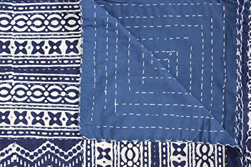 Mango Gifts Indigo Kantha Work Bedspread Queen Size Hand-Block Print 100%Cotton Gudari