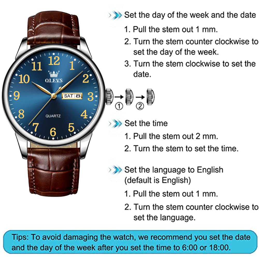 OLEVS Mens Watches with Leather Band Dress Vintage Classic Easy Reader Arabic Numerals Analog Quartz Waterproof Date and Day Blue/Black/White Large Face Men's Wrist Watches
