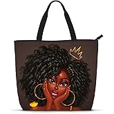 Foinior African American Women Tote Bag Black Shoulder Handbag For Women Fit Work Beach Labtops With Zip