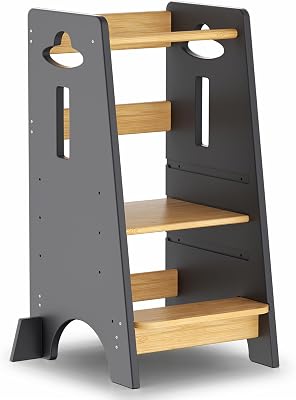 Tour d'apprentissage pour Enfants - Tour d'apprentissage en Bois pour bébés de 1 à 6 Ans - Hauteur réglable sur 3 Niveaux - 80 cm - Gris Classique et Naturel