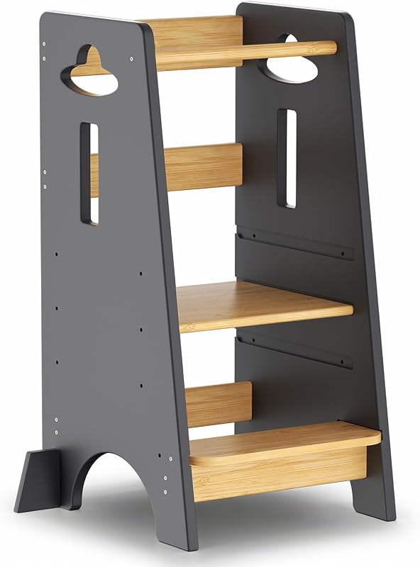 Tour d'apprentissage pour Enfants - Tour d'apprentissage en Bois pour bébés de 1 à 6 Ans - Hauteur réglable sur 3 Niveaux - 80 cm - Gris Classique et Naturel