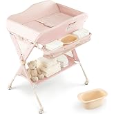 INFANS Portable Baby Changing Table with Wheels, Adjustable Height, Rose | Folding Diaper Station with Storage Rack, Hanging Basket, Safety Belt, Large Nursery Organizer for Newborn Infant