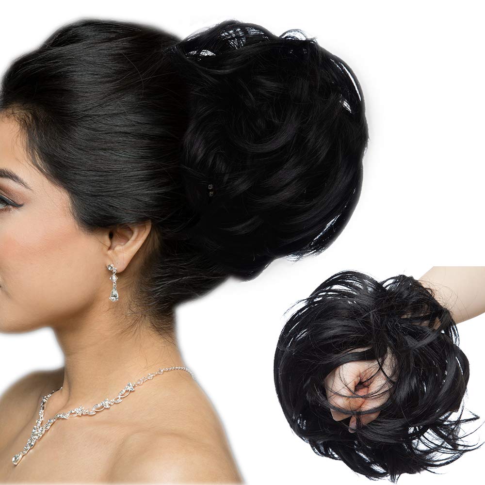 Large Updo Messy Bun Hair Extension Wavy With Elastic Rubber Band 80G Synthetic Thick Chignon Donut Ponytail Hairpiece For Women, Dark Black