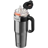 TKK 40 oz Tumblers with Handle and Straw, Ceramic Coating Insulated Bottle 100% Leakproof Travel Mug for Water, Iced Tea or Coffee, Smoothie, Cup Holder Friendly Base, Steel