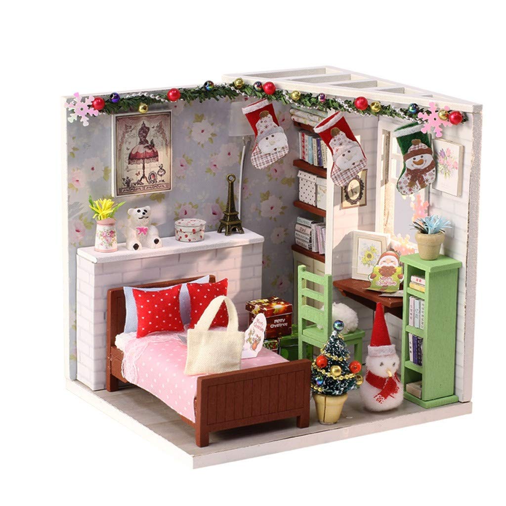 Amazon Com Jinjin Diy Christmas Cottage Hand Assembled Villa Model Wooden Miniature Residential Furniture Led House Decoration Creative Gift Exercise Hands On Ability Children S Toys A Baby