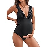 CUPSHE Women Swimsuit Maternity One Piece Bathing Suit Deep V Neck Ruffle Back Tie Ruching Adjustable Straps Swimwear