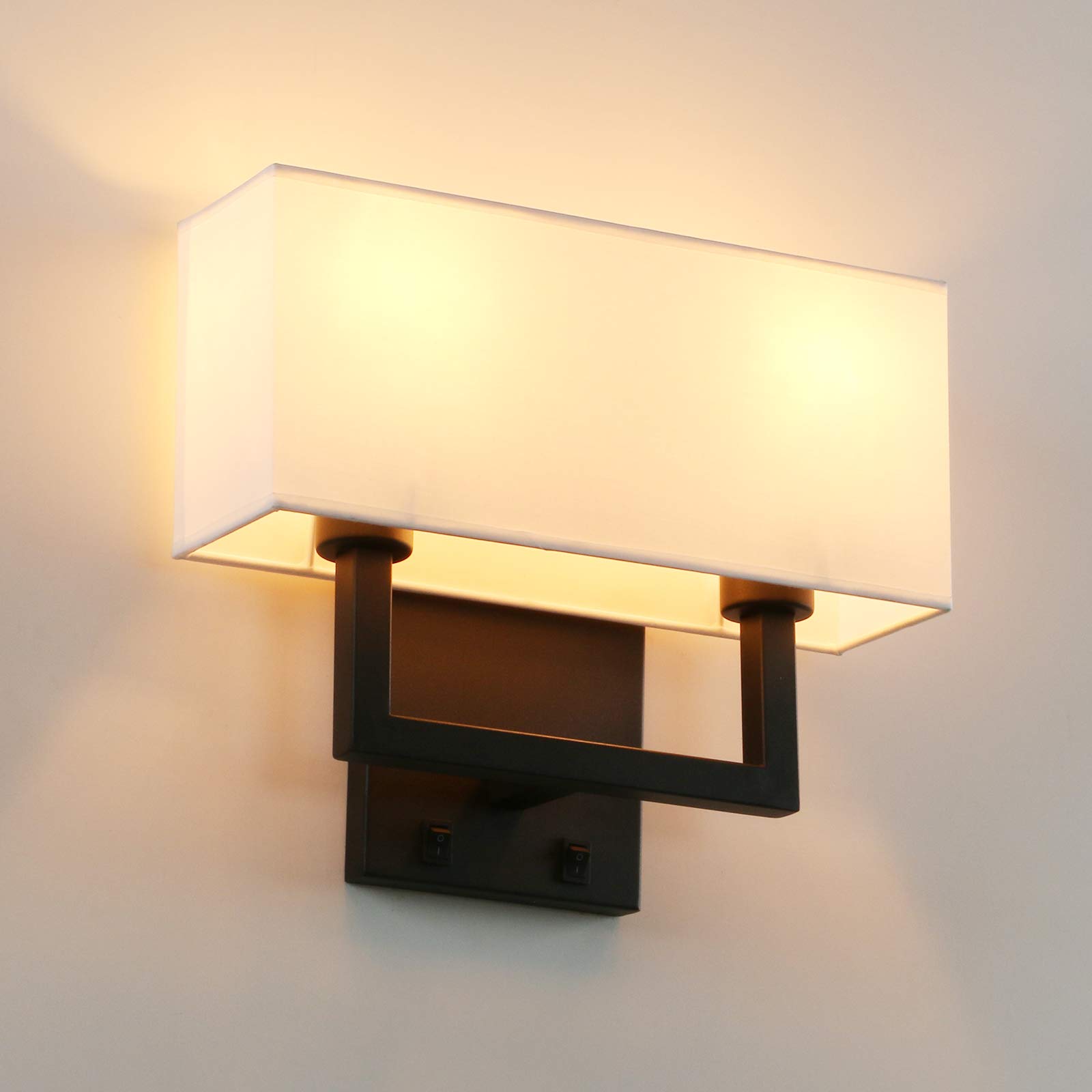 Photo 1 of PERMO Wall Sconces Black Finish Double Sconce with White Textile Shades and On/Off Switch Button Wall Light Fixture for Living Room Bedroom Bedside Nightstand Light
