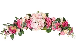 LIFKOME Wedding Arch Flowers Rustic Artificial Rose Flower Swag Door Wreath for Lintel Home Wall Decor 28X6X3 Inches Pink Green Leaves