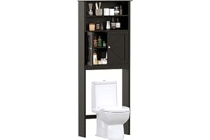 Reettic Tall Over The Toilet Storage with Two Doors, Free Standing Bathroom Space Saver with Inner Adjustable Shelf, Wooden Bathroom Cabinet Organizer Over Toilet, Black BMGZ151B