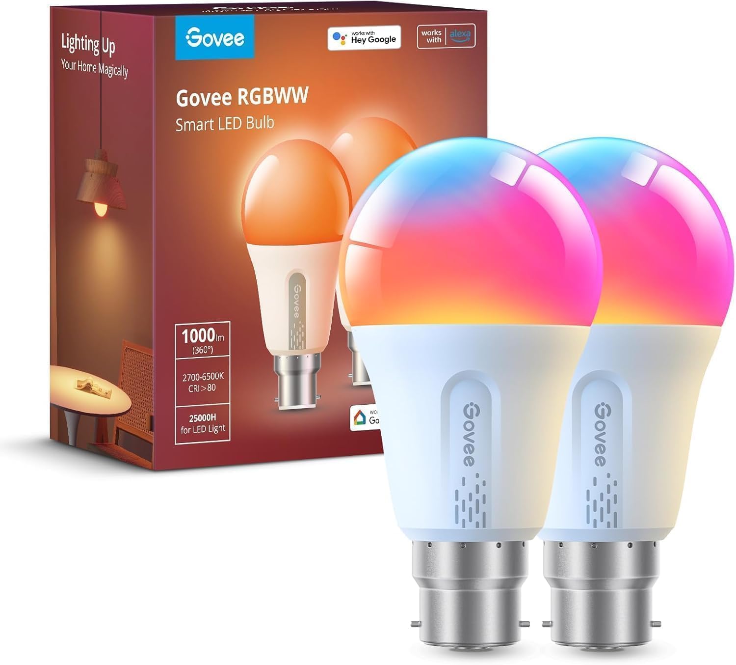 Govee Smart Bulb RGBWW, 1000lm Wi-Fi LED Bulbs B22, Smart Light Dimmable, DIY 16 Million Colors, 64 Dynamic Scenes, Compatible with Alexa, Google Assistant, Matter, 2 Packs