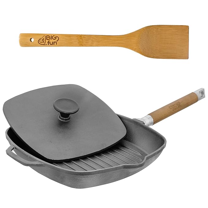 28cm Grillpfanne aus Gusseisen mit abnehmbaren Holzgriff + Deckel-Presse + Pfannenwender aus Bambus von 4big.fun *** Steakpfa