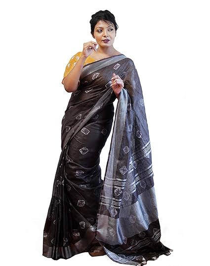 Womens Shibori Linen Soft and Pure Saree with Blouse Piece (Brown)