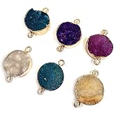 LHJ 5 Pcs Natural Stone Connectors Random Round Shape Geode Agate Pendant Charms for Necklace Bracelet Jewelry Making