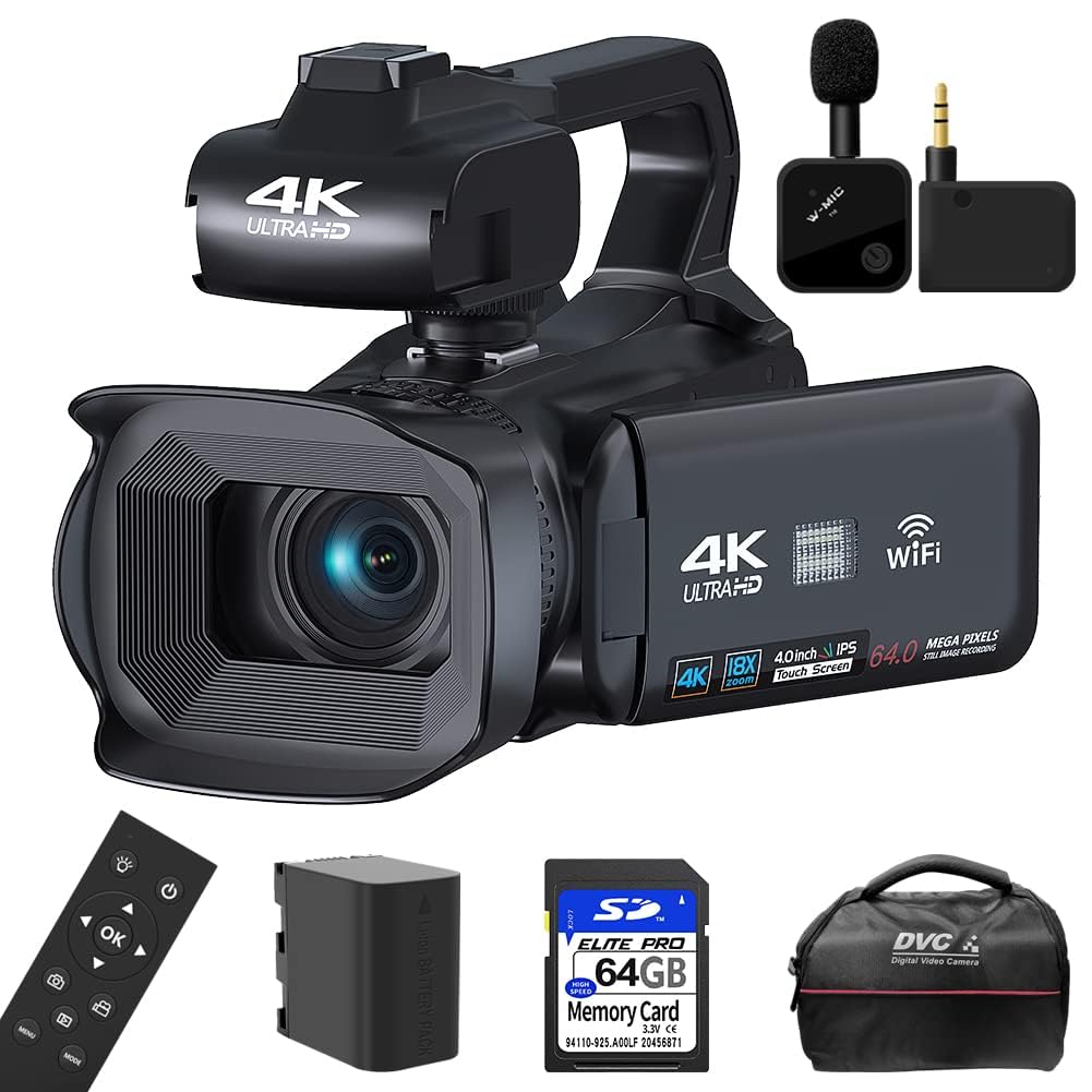 KOMERY Video Camera Camcorder UHD 4K 64MP with Focus Function 4.0 Inch Touchscreen Wireless Lavalier Mic, 18X Digital Zoom Camera, 64G SD Card WiFi